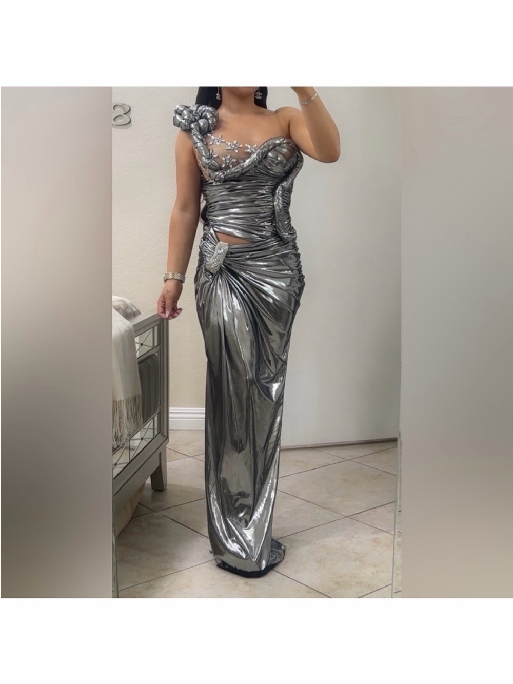 Metallic Silver One-Shoulder Evening Gown